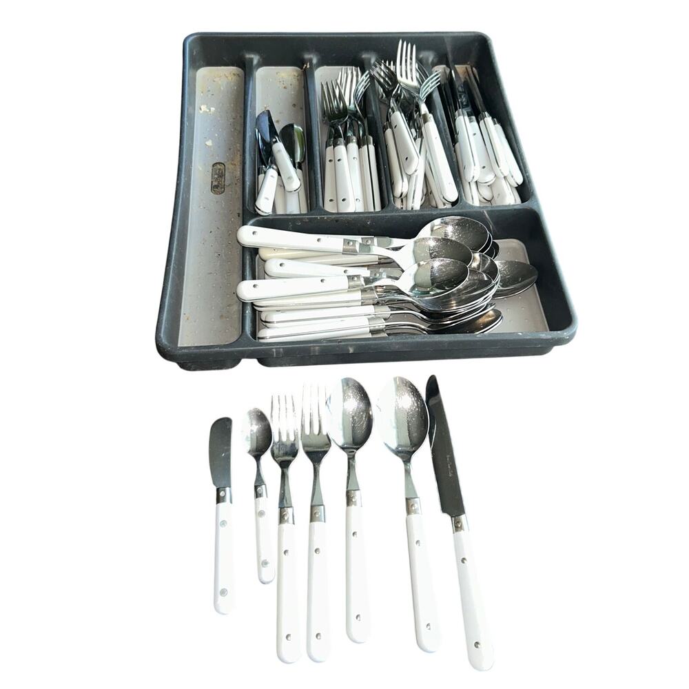 57 pieces vintage Eme Italy flatware set white handle stainless